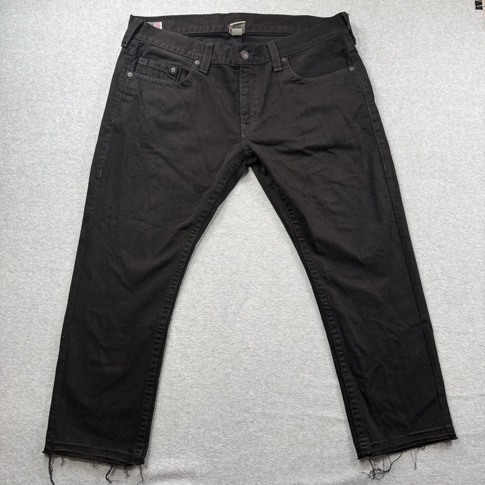 True Religion Straight Leg Bobby Jeans Mens 40 Black Raw Hem Made in USA Denim